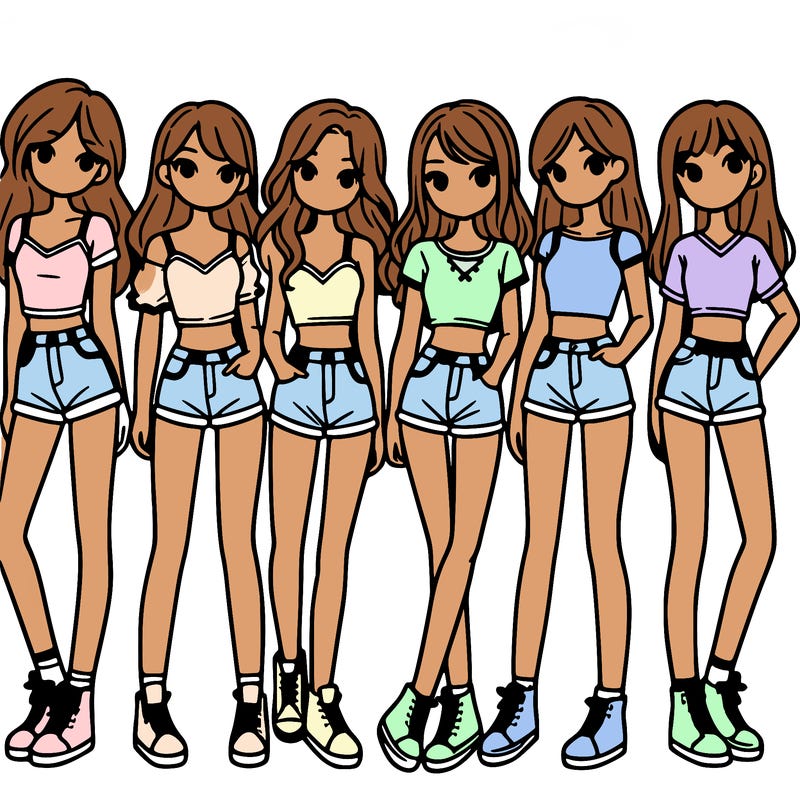 a group of girls wearing crop tops and shorts