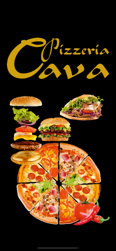 Cava - Logotipo de Pizzeria Cava con rebanadas de pizza, hamburguesas y kebabs sobre un fondo negro