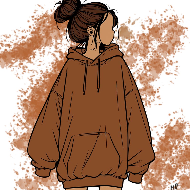 realistic girl with a oversized sweatshirt on and a bun