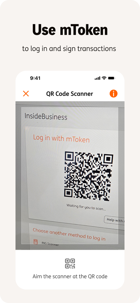 ING InsideBusiness - ING InsideBusiness app showing mToken QR code scanner for secure login and transaction signing