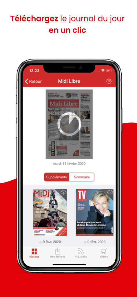 Midi Libre Le Journal - Digital kiosk interface of the Midi Libre app displaying the daily newspaper and supplements on an iPhone screen