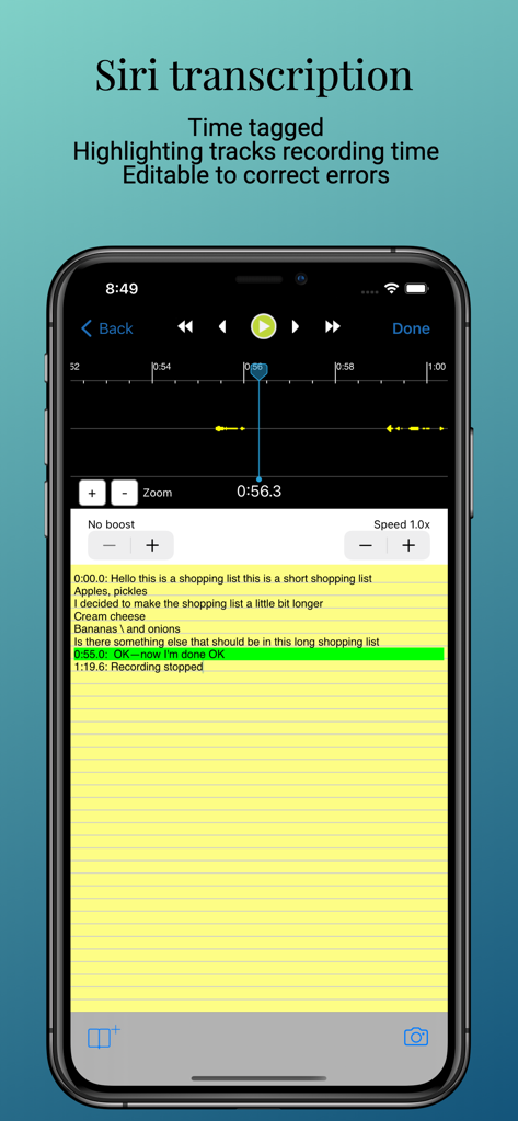 Smart Recorder and transcriber - Smartphone screen showing the Smart Recorder app with a time-tagged transcription and audio waveform interface.