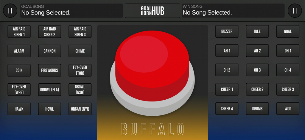 Goal Horn Hub - Interface of Goal Horn Hub app showing a large red button for Buffalo Sabres goal horn and various sound effect triggers like sirens and cheers