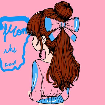 realistic girl  with hip length hair a bun and a big bow on the back of head