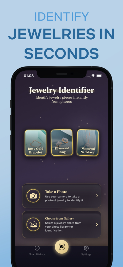 Jewelry Identifier: Appraisal - Tela principal do aplicativo Identificador de Joias mostrando opções para escanear e identificar peças de joalheria como anéis e colares