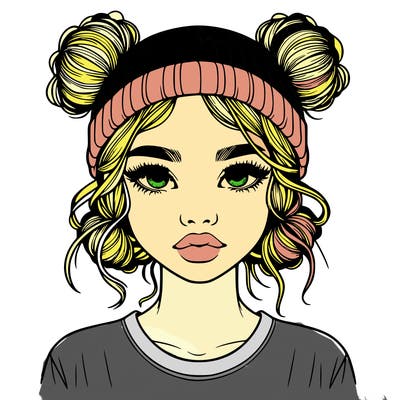 realistic girl with buns in her hair with a beanie on