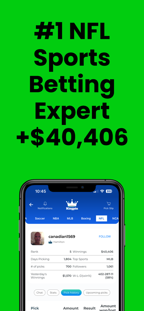 Kingpin app displaying a verified NFL sports betting expert profile with total winnings of over forty thousand dollars.