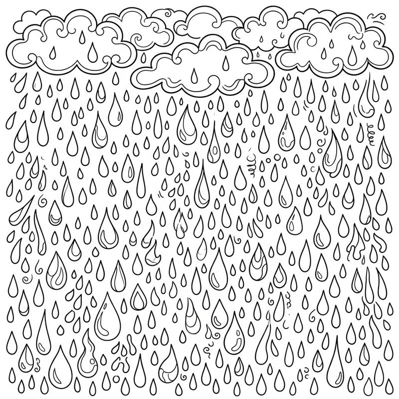Dive into a captivating world of falling rain with this intricately designed coloring page. Featuring numerous detailed droplets and whimsical clouds, it offers a relaxing and engaging coloring experience.
