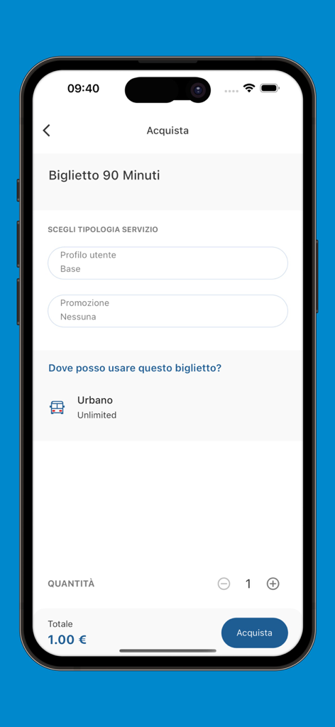 AMTS Smart Ticketing - Pantalla de compra de un billete de autobús urbano de 90 minutos en la aplicación AMTS Smart Ticketing para Catania.