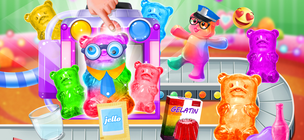 Colorful gummy bear maker machine with various decorated candies and ingredients