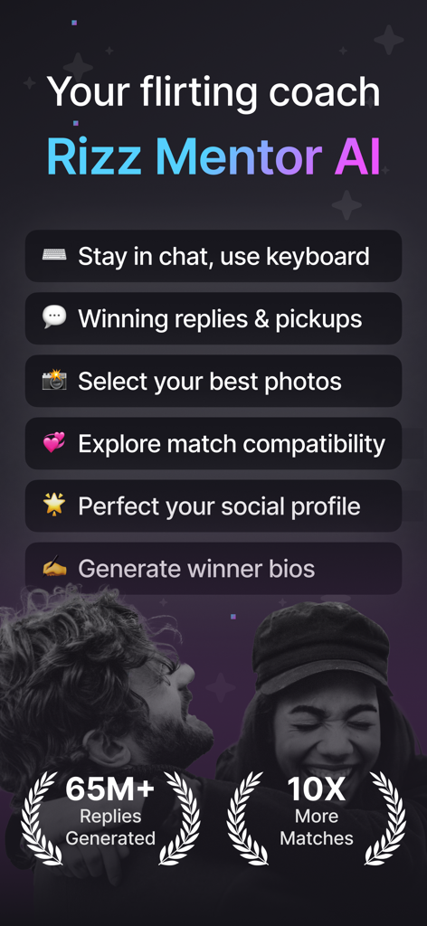 Rizz Mentor AI app screen showing features like pickup lines, bio generation, and photo analysis to improve dating success.