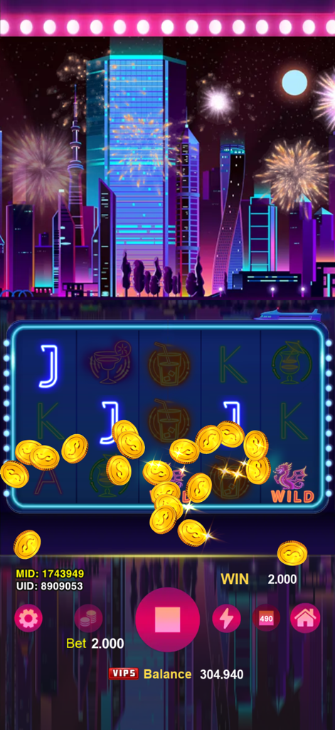 Wild City: Flash Spin - Interface de máquina caça-níqueis para Wild City Flash Spin com tema de cidade noturna neon, com fogos de artifício e moedas de ouro voando