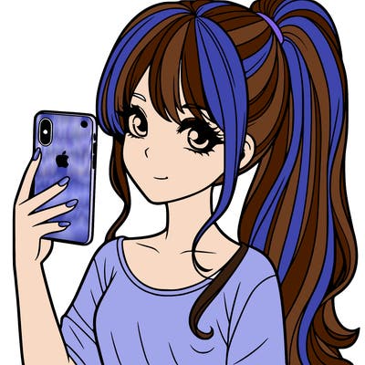 a realistic girl with a pony tail and a iphone