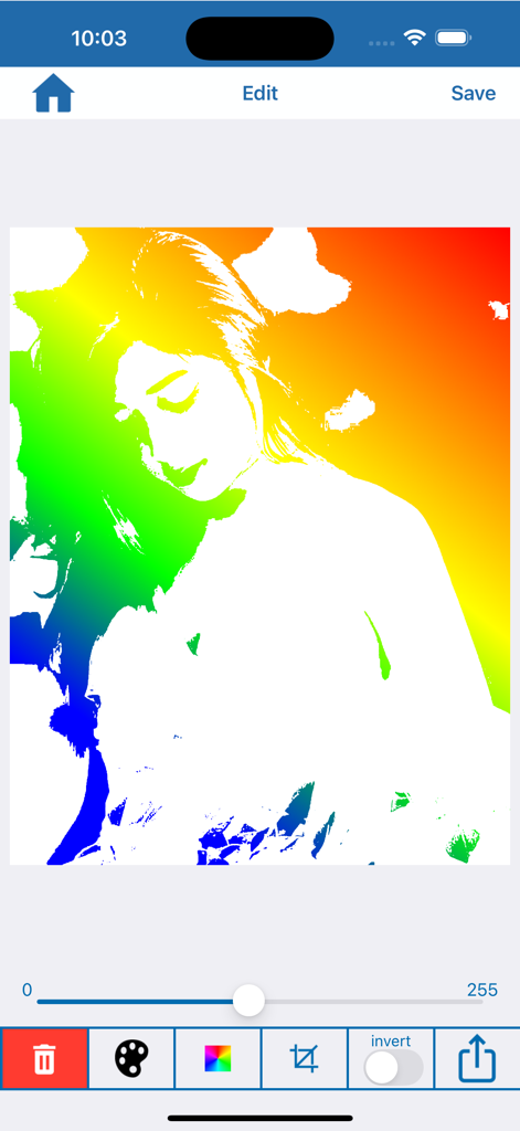 Rainbow gradient stencil effect of a portrait in the Fx Stencil Pro app editor