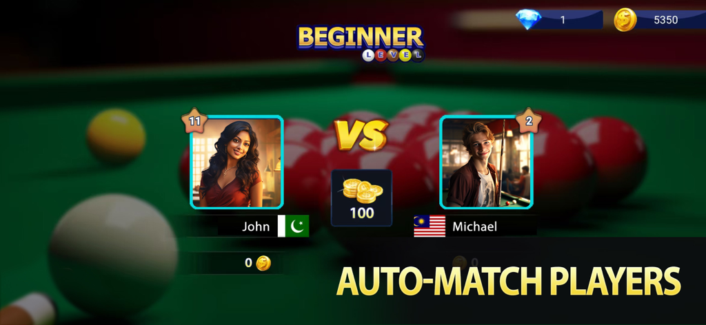 Pantalla de emparejamiento automático de jugadores en Snooker Elite Online que muestra un enfrentamiento competitivo 1 contra 1