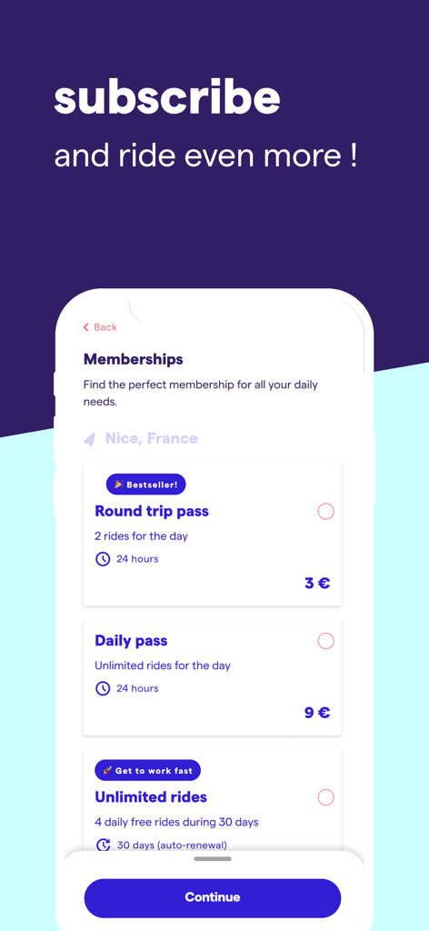 Interface of the Pony app showing bike and scooter sharing membership options including round trip and daily passes.