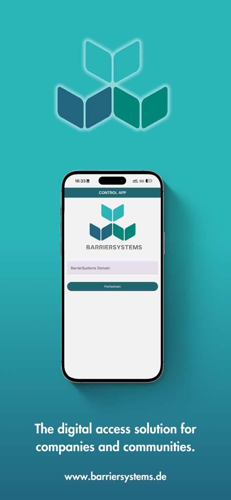 Schermata di accesso di BarrierSystems ControlApp su un telefono cellulare che mostra lo slogan della soluzione di accesso digitale