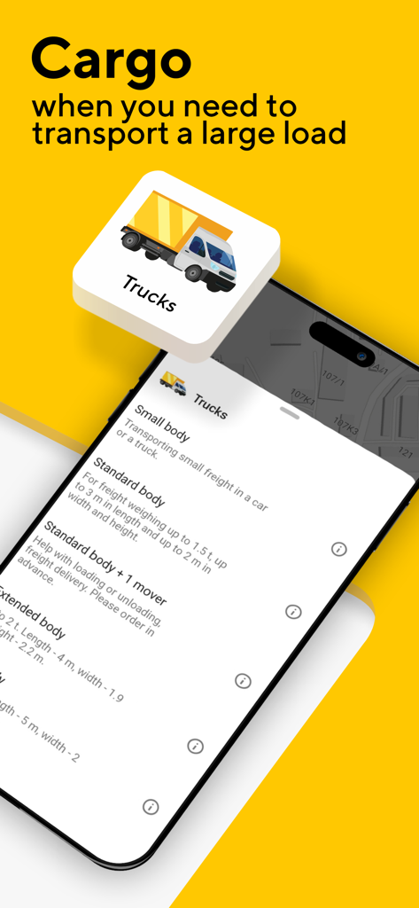 Omega: taxi service - Interfaz de la aplicación Omega taxi que muestra varias opciones de transporte de camiones y carga para grandes volúmenes