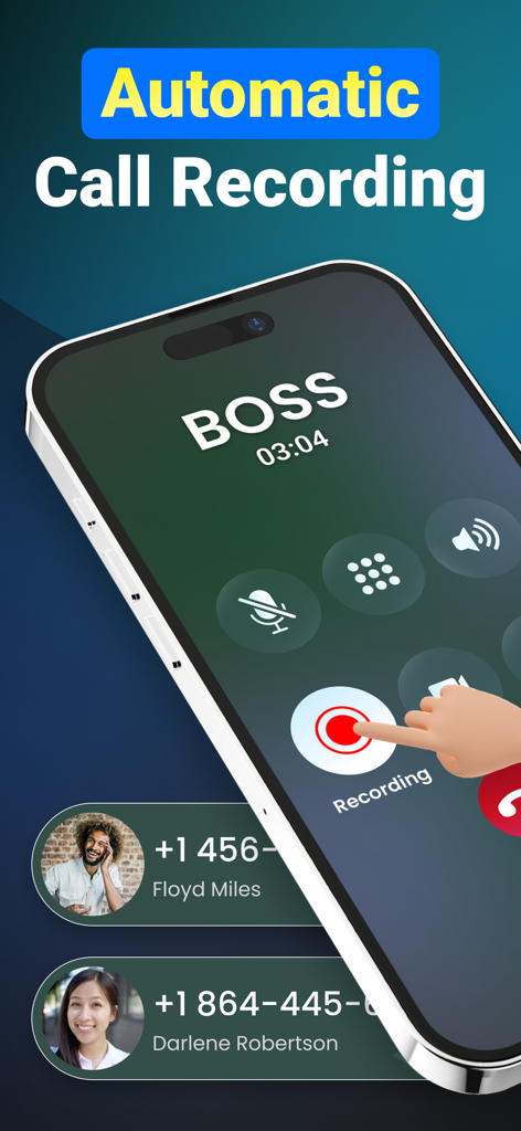 プロフェッショナルな連絡先とのアクティブな通話中に、自動通話録音機能を示すスマートフォンの画面。