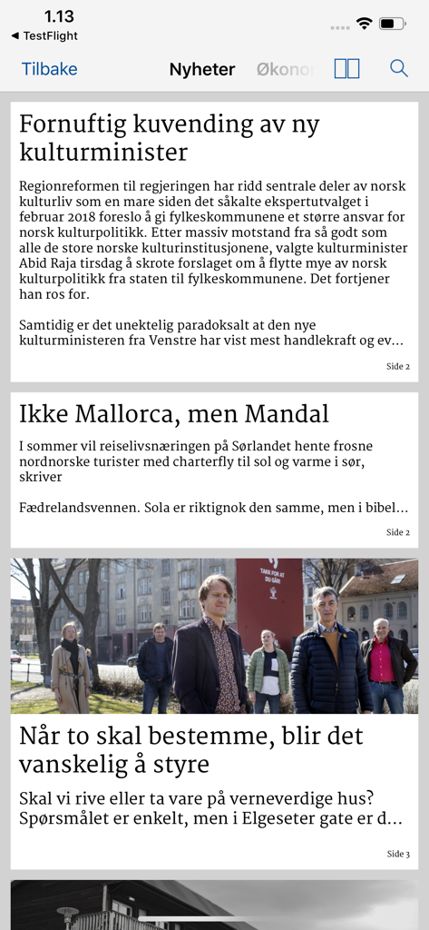 Adresseavisen eAvis - Interface of the Adresseavisen eAvis app displaying a list of Norwegian news articles and headlines