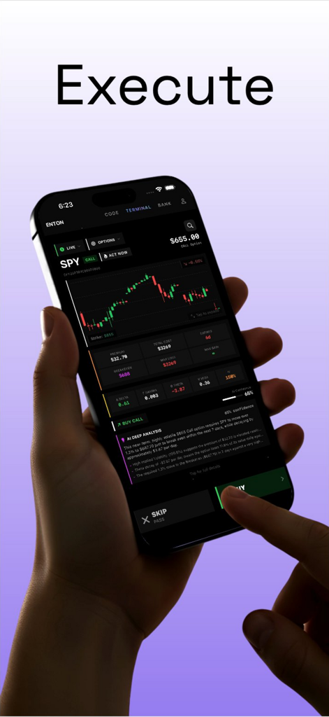 ENTON - A hand holding a smartphone showing the ENTON app trading terminal with a live stock chart and trade execution button