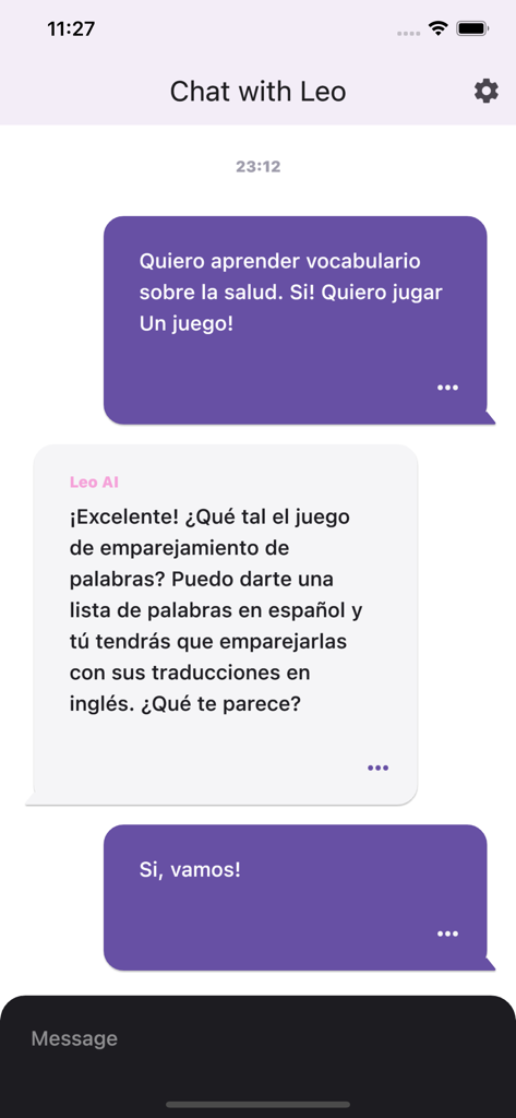 Una interfaz de lección de conversación en español con el tutor privado de Leo AI