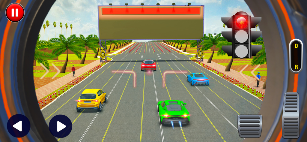 Car Driving Simulator Game - Gameplay screenshot showing a green sports car at a red traffic light on a multi-lane city highway with driving controls