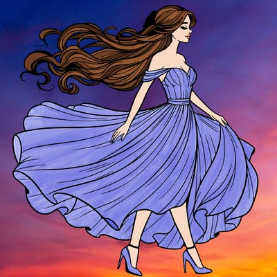 realistic woman in a dress flowing in the wind