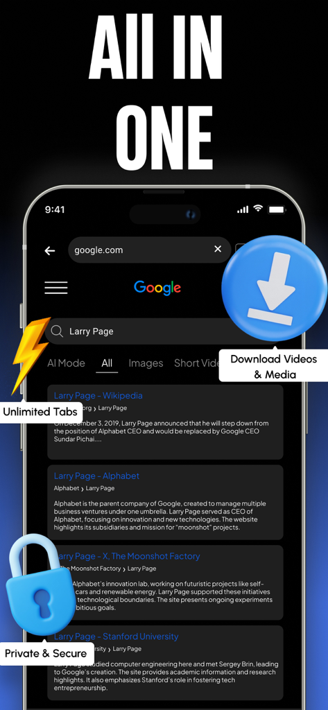 Private Browser - dip - Private Browser dip App-Oberfläche mit sicheren Browsing-, unbegrenzten Tabs- und Mediendownload-Funktionen