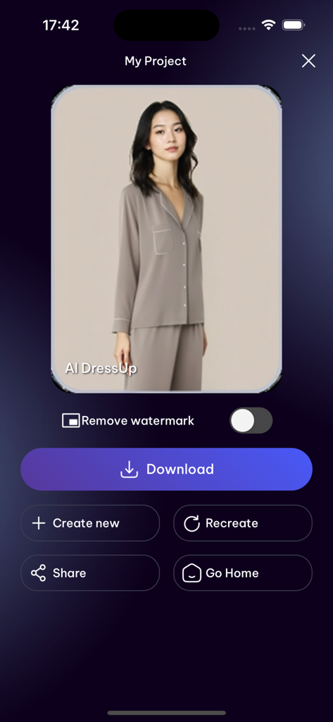 A mobile interface of the AI DressUp app showing a woman wearing a virtual grey pajama set with buttons to download or share the project