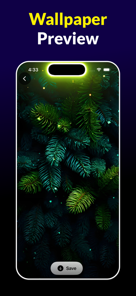 Glass Wallpapers - Lock Screen - Dynamic Island 주변에 빛나는 테두리가 있는 소나무 가지를 보여주는 iPhone 배경화면 미리보기