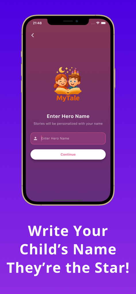 MyTale: Bedtime Stories - Pantalla de la aplicación MyTale donde los padres ingresan el nombre de su hijo para personalizar cuentos para dormir