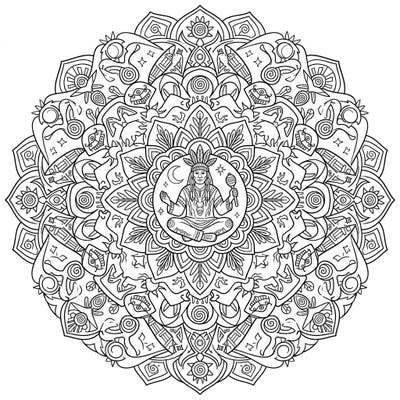 Dive into a world of spiritual wisdom with this captivating Shaman Mandala coloring page. Its intricate design, featuring a shaman at its heart, offers a unique blend of tribal art and meditative symmetry for a truly enriching coloring experience.