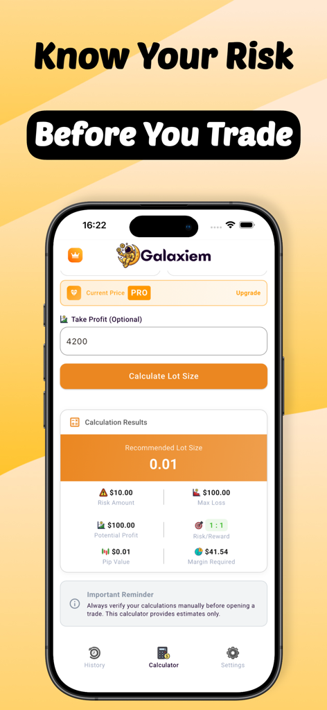 Galaxiem App-Screenshot, der die empfohlene Lot-Größe und die Ergebnisse der Forex-Risikoberechnung zeigt