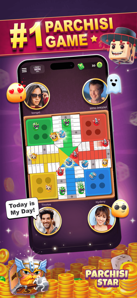 Pantalla de smartphone mostrando una partida multijugador de Parchisi STAR con cuatro jugadores y emojis sociales