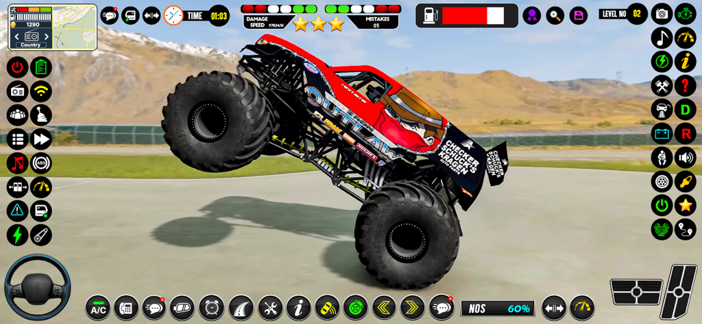 A red and black monster truck performing a wheelie in a stunt arena