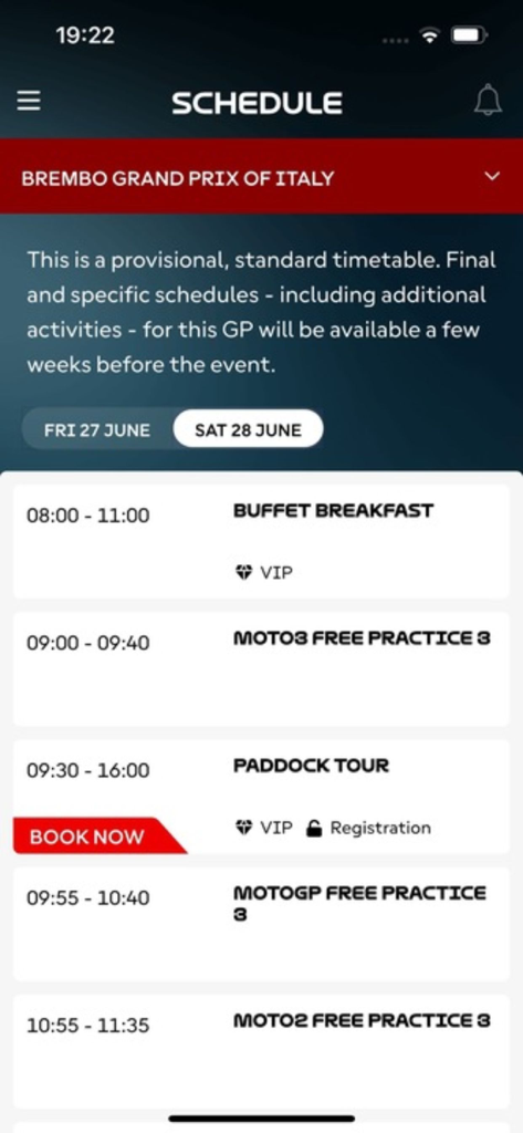 MotoGP™ Hospitality - The MotoGP Hospitality app schedule screen displaying VIP events like buffet breakfast and paddock tours alongside race practice times