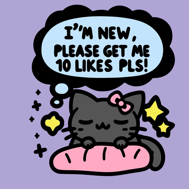 kitty taking a nap dream talking and saying "i'm new, please get me at least 10 likes pls!!"