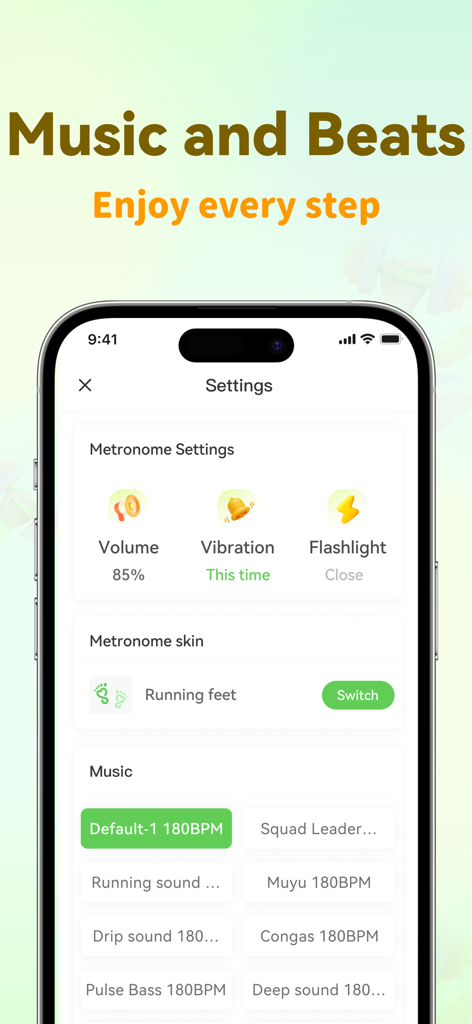 Slow Jogging Tracker &Timer - Écran des paramètres de l'application Slow Jogging Tracker montrant la personnalisation du métronome et les options de musique à 180 BPM.