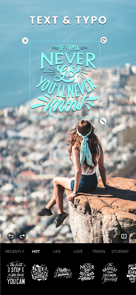 PicPro - AI Photo Editor - PicPro app interface showing a stylish text and typography overlay on a travel photo