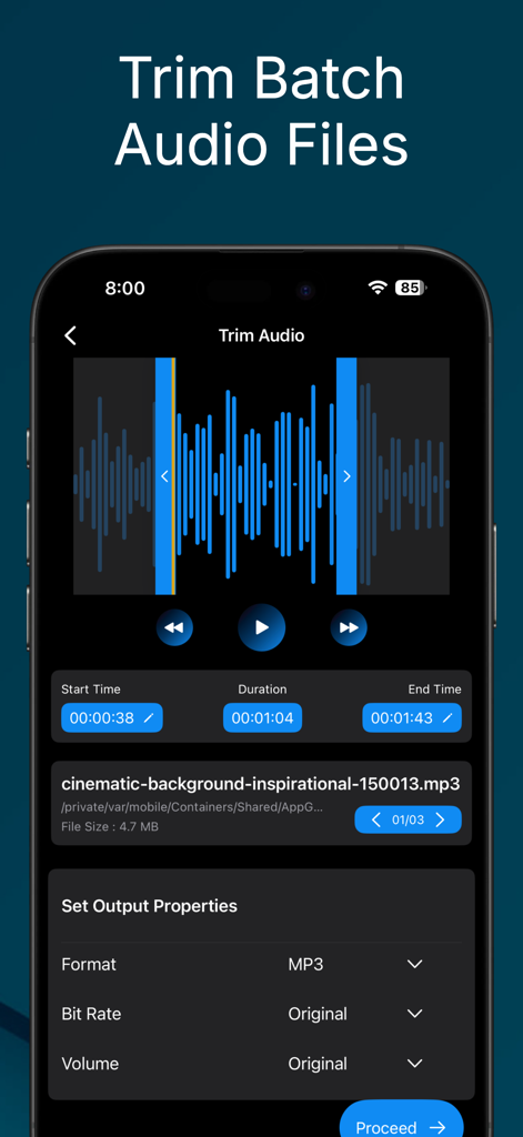 Audio Trimmer And Audio Joiner - Interfaz de la aplicación móvil para recortar múltiples archivos de audio en modo lote