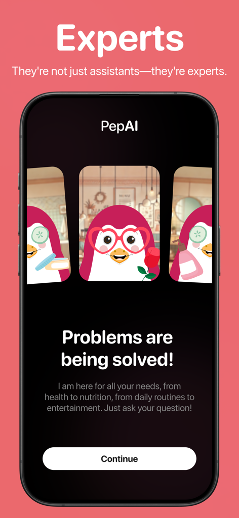 PepAI - Your Daily Companion - PepAI app screen showcasing expert penguin assistants for daily needs like health and nutrition