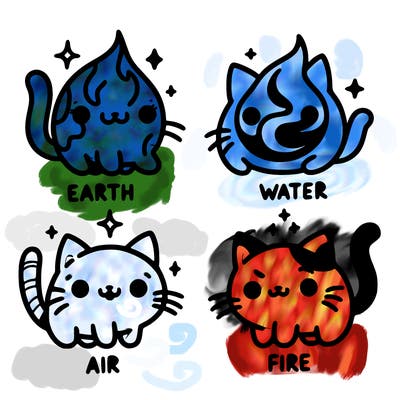 4 cats that represent the different elements, earth, water, air, and fire