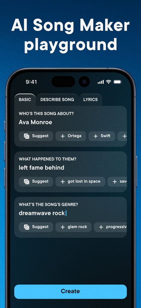 AI Music Generator - Overdub - Interface of Overdub app showing fields to customize an AI song including subject story and genre