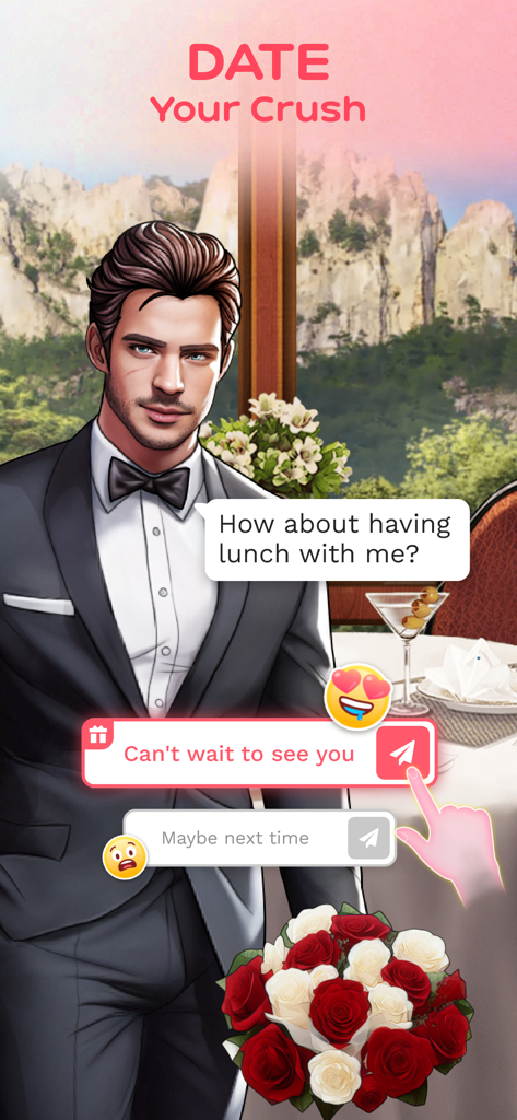 My Escape: My Secret Crush - Una scena di appuntamenti virtuali da My Escape che mostra un uomo affascinante in smoking che chiede un appuntamento a pranzo con pulsanti di scelta interattivi.