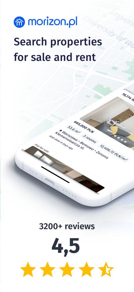 Morizon.pl Real Estate App - Interface do aplicativo Morizon.pl exibindo listagens de imóveis para venda e aluguel na Polônia com uma classificação de usuário de 4,5 estrelas.