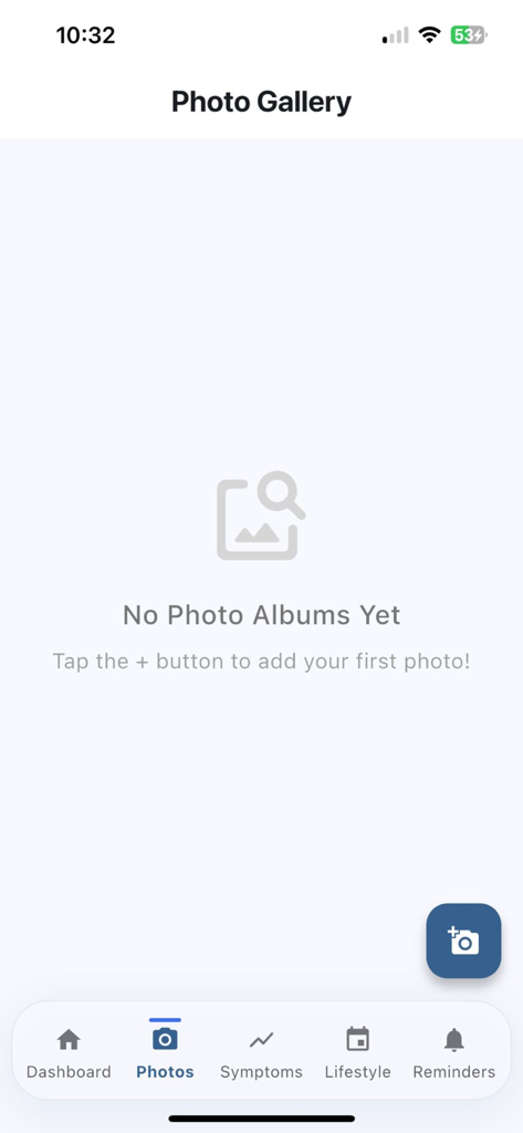 Empty photo gallery screen in the Zeema eczema tracker app for visual skin monitoring