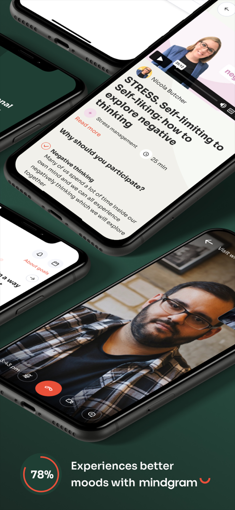 Mindgram - Mobile app screens showing mental health courses on stress management and a video consultation with a professional specialist