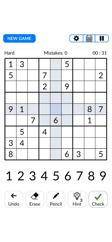Interfaz del juego de puzzles Sudoku Clásico en un dispositivo móvil