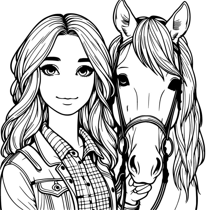 realistic girl with horse by her side